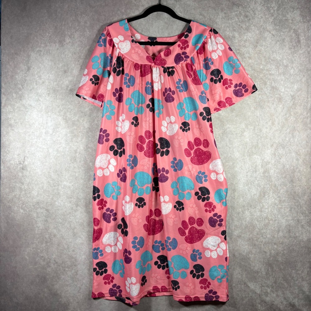 Anthony Richards Nightgown Womens XL Pink Paw‎ Print Muumuu House Dress Pocket